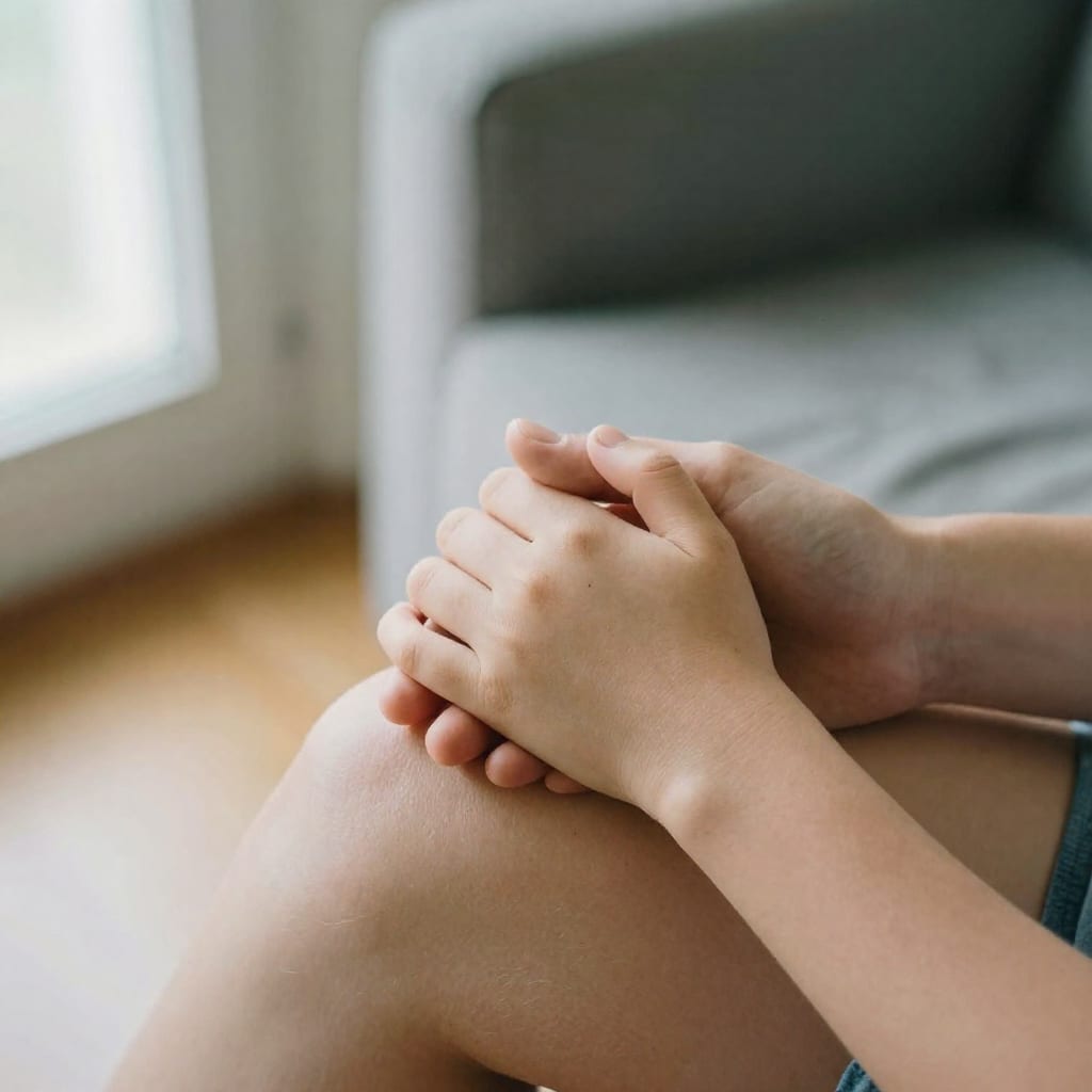 Close-up of a parent's hand gently holding a child's hand while listening, in a softly lit living room.