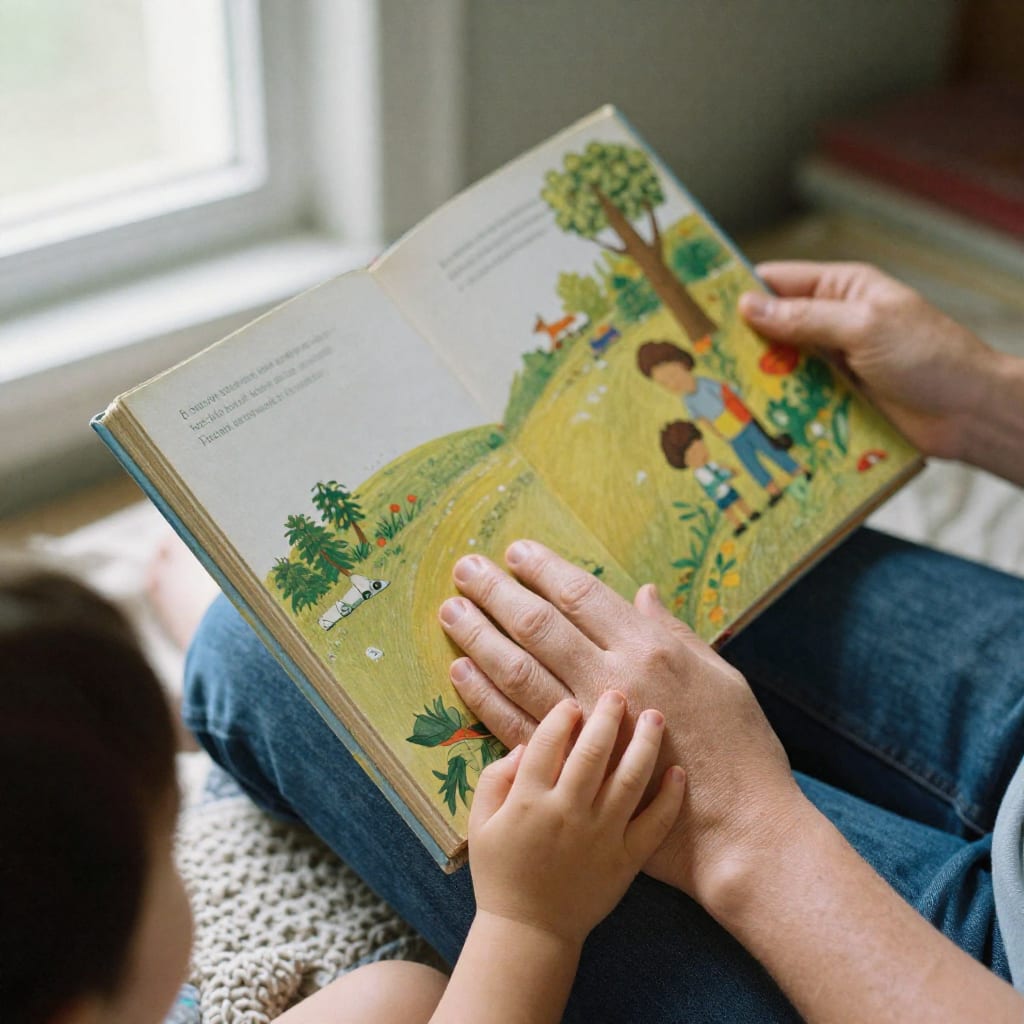 A close-up of an adult and child's hands sharing a well-loved picture book in a cozy, softly lit corner of a family home.