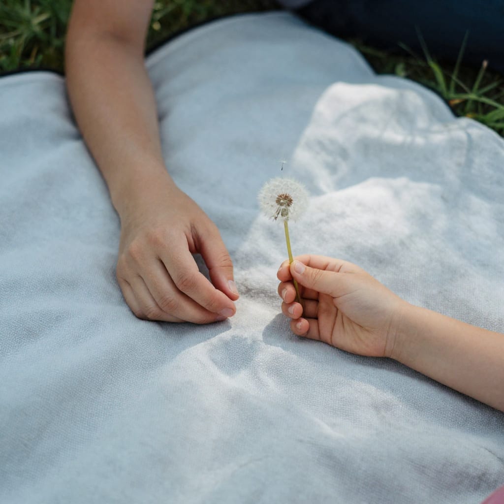 Close-up of a parent and child's hands resting on a picnic blanket in the grass, one holding a dandelion as seeds begin to scatter.