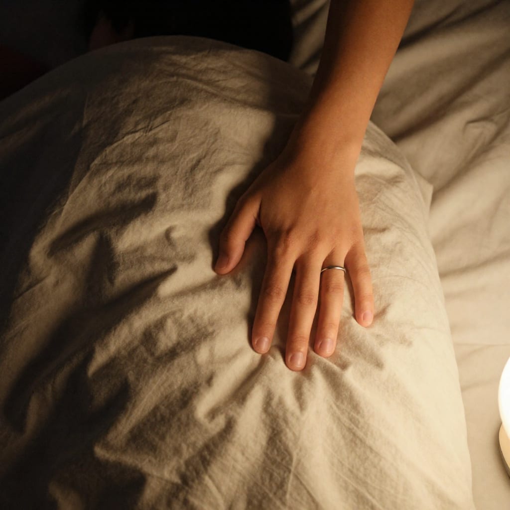A close-up editorial photo of a parent's hand resting on a child's back under a textured duvet in warm, dim bedroom lamplight.
