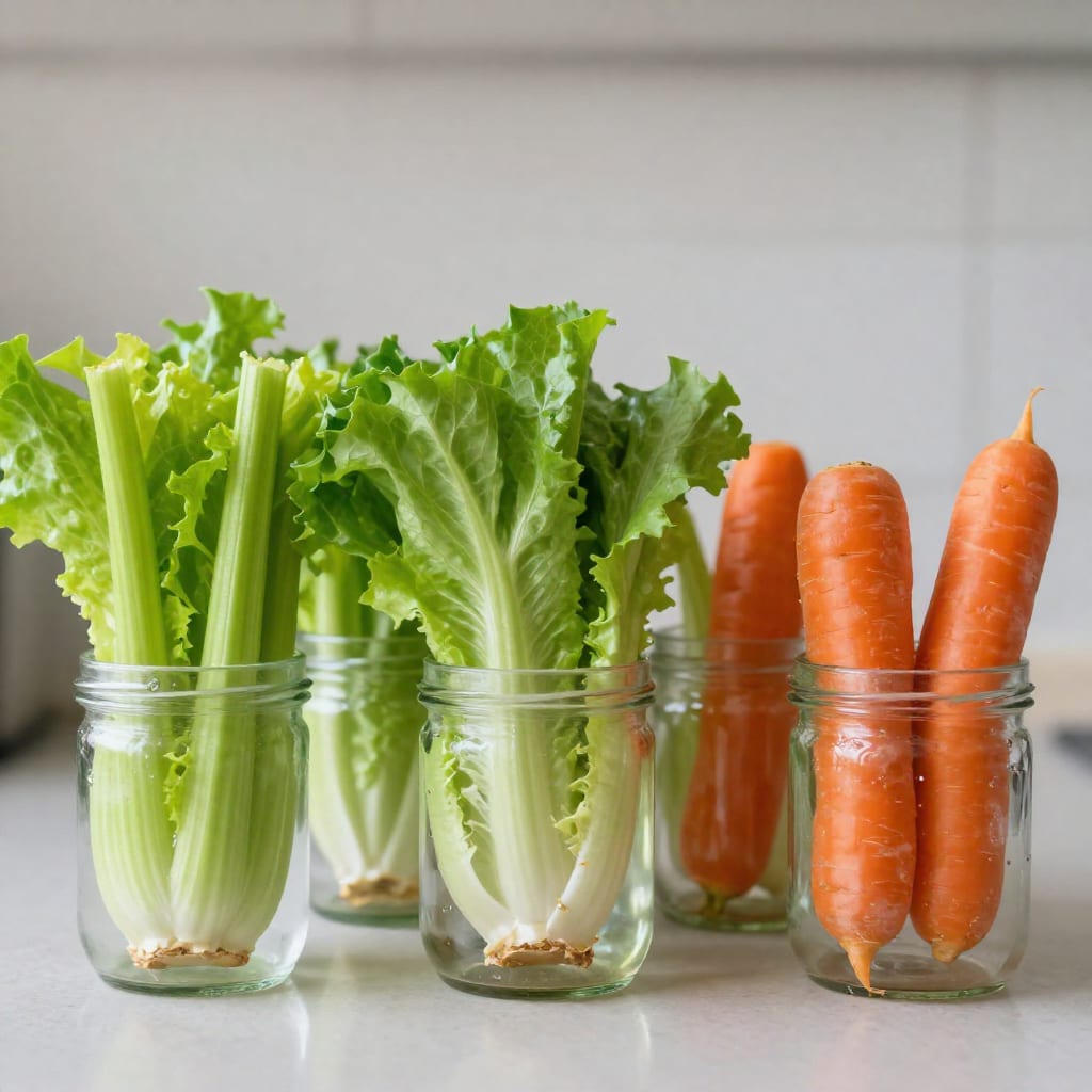 Various vegetable scraps regrowing in water jars on a kitchen counter