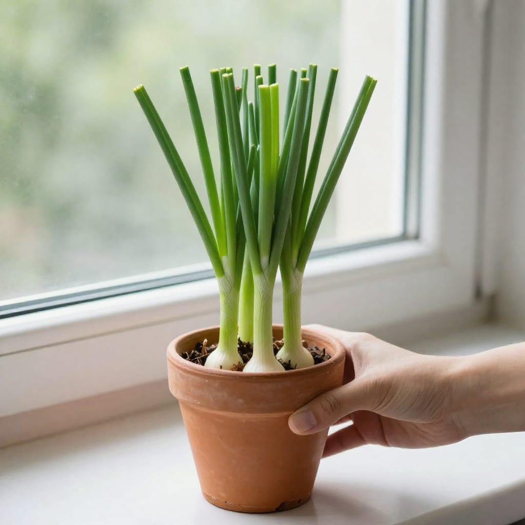 Hand holding freshly harvested green onions from a pot on a windowsill