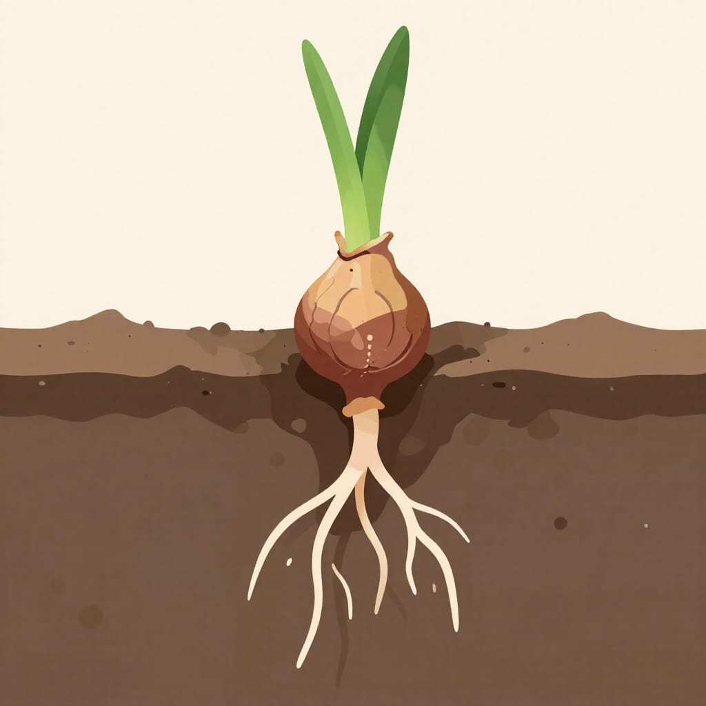 Side-view diagram illustrating correct shallow planting depth for iris rhizome with top exposed