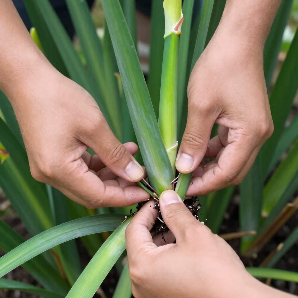 Gardener's hands dividing a large iris clump into trimmed sections for replanting