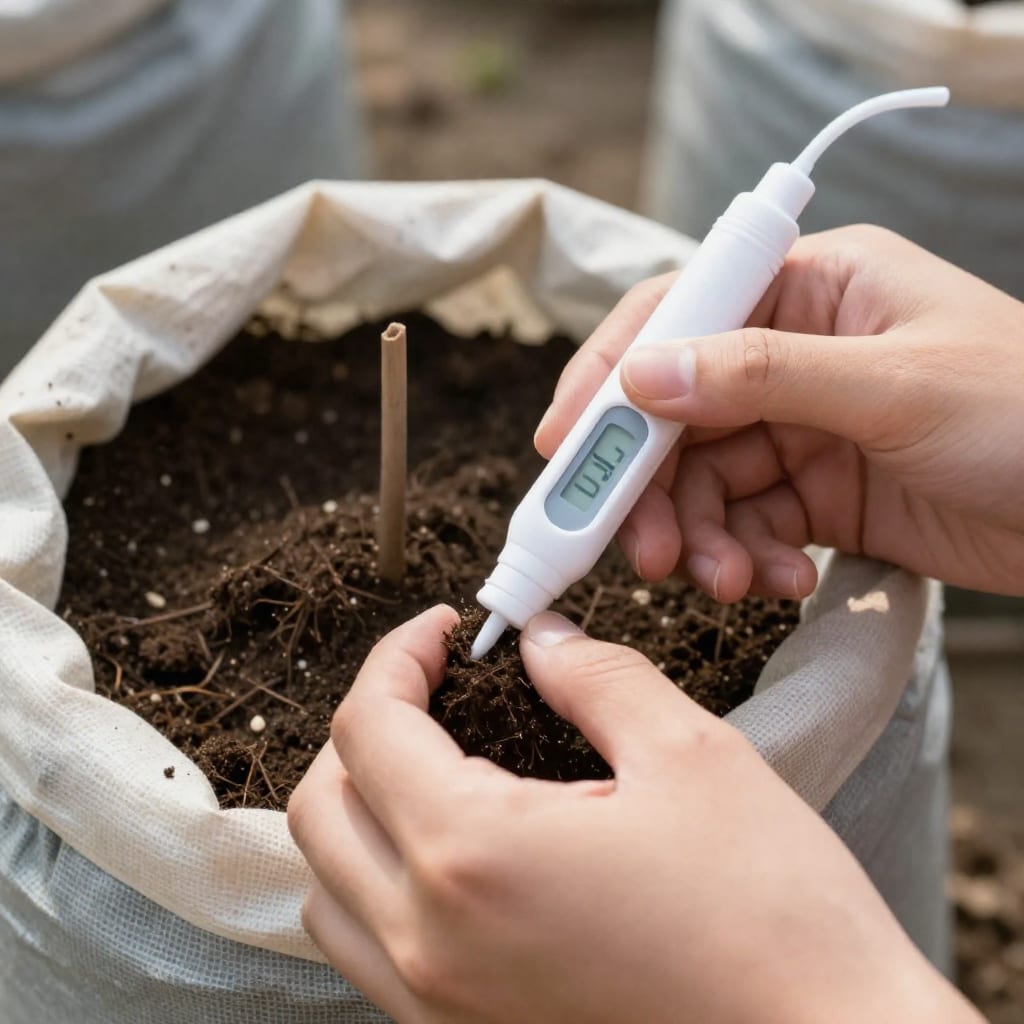 Hands using moisture meter to check soil in tomato pot