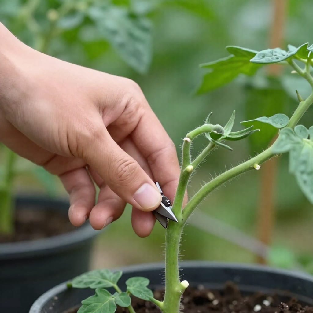 Pruning a tomato sucker from a potted plant