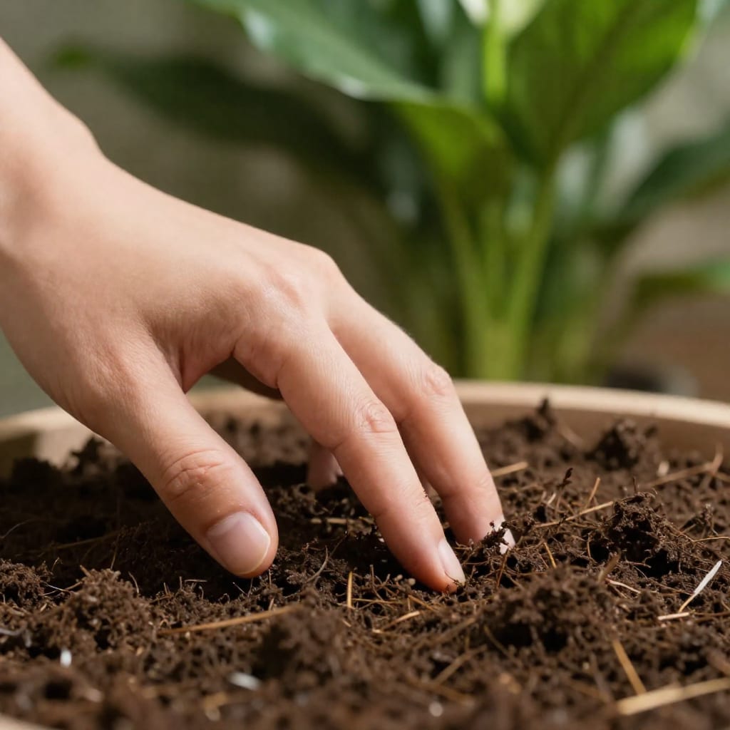 Hand checking peace lily soil moisture