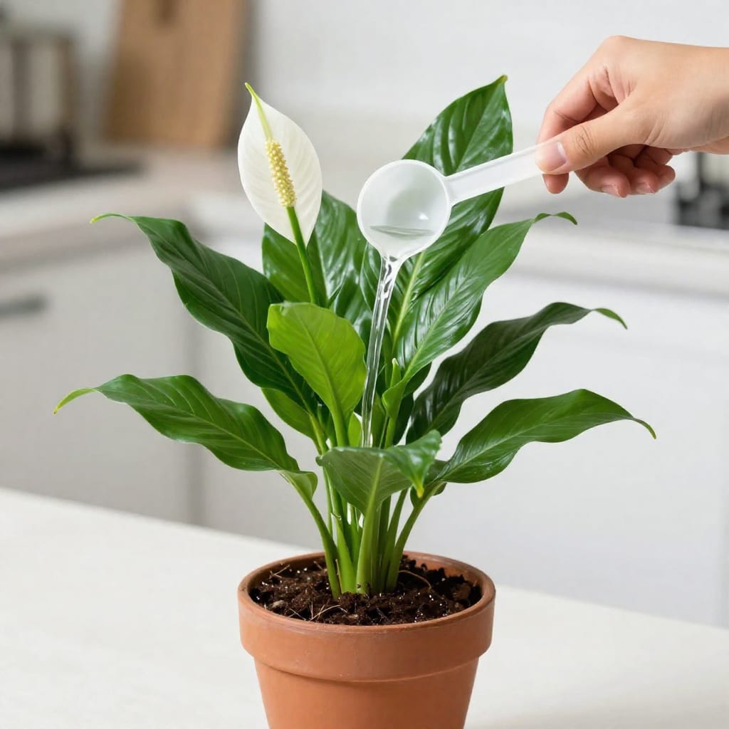 Pouring diluted fertilizer into peace lily pot