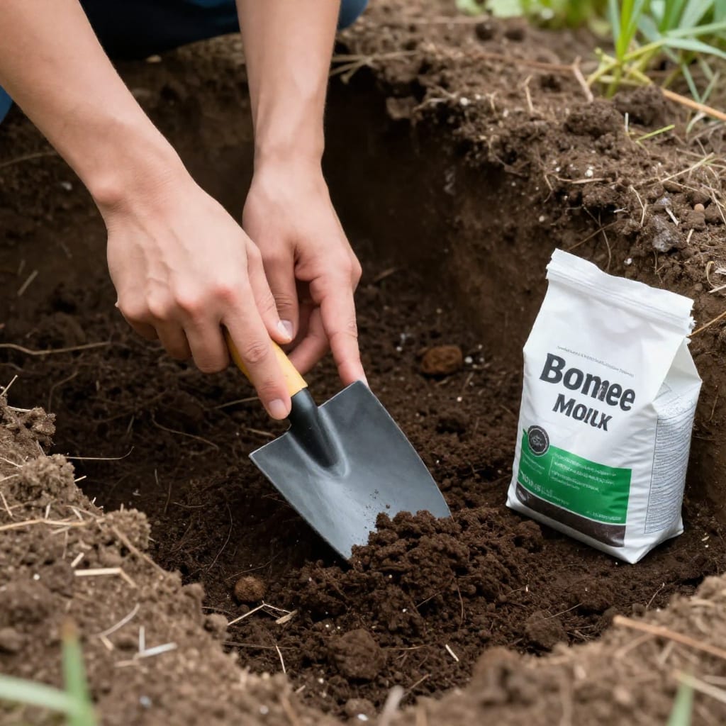 Gardener adding compost to deep asparagus trench