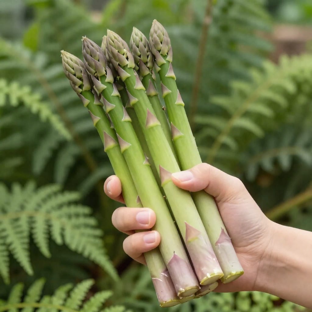 Harvested bundle of thick green asparagus spears in garden