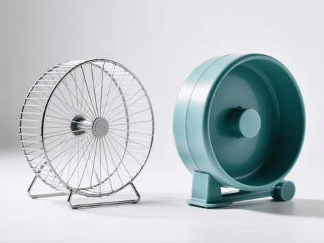 (Side-by-side product shot, clean studio lighting: A noisy metal wire hamster wheel vs. a large, solid plastic 'silent' runner wheel, close-up on the smooth running surface, minimalist, sharp focus, commercial photography style)