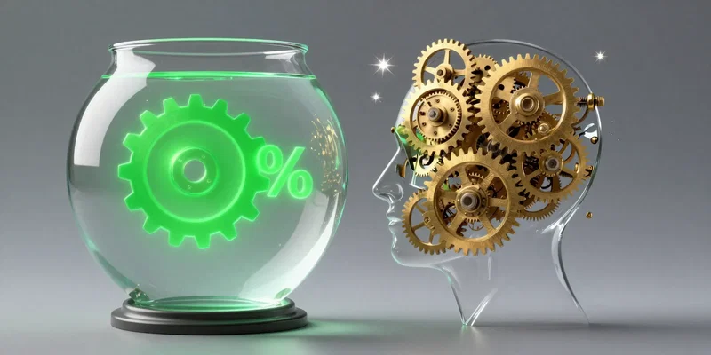AI Image Prompt for Midjourney: **Surreal photo collage**. A developer's head is transparent, like a glass fishbowl. Inside, 80% of the space is taken up by a simple, glowing green gear smoothly turning. The other 20% is a frantic, complex clockwork of tiny gold gears spinning wildly and emitting little stress sparkles. --v 6.0 --ar 4:3