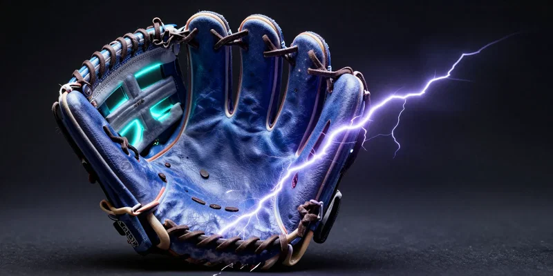 A glowing digital baseball glove catching a bolt of lightning, neon colors, dark background, macro photography, hyper-realistic --ar 16:9