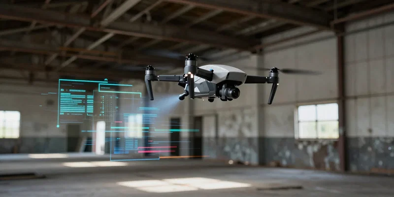 A racing drone flying through an abandoned warehouse, glitchy holographic static effects disrupting the air around it, gritty industrial lighting, action sports photography --ar 16:9 --v 6.0