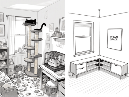 side-by-side infographic sketch. Left: A cluttered room with a bulky cat tree in the middle and a hamster cage on a desk, looking cramped. Right: The same room with a sleek corner unit that combines both, creating open floor space. Clean lines, labeled diagrams