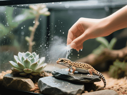 A person's hand gently misting water over slate rocks and a succulent in a leopard gecko terrarium. Fine water droplets
