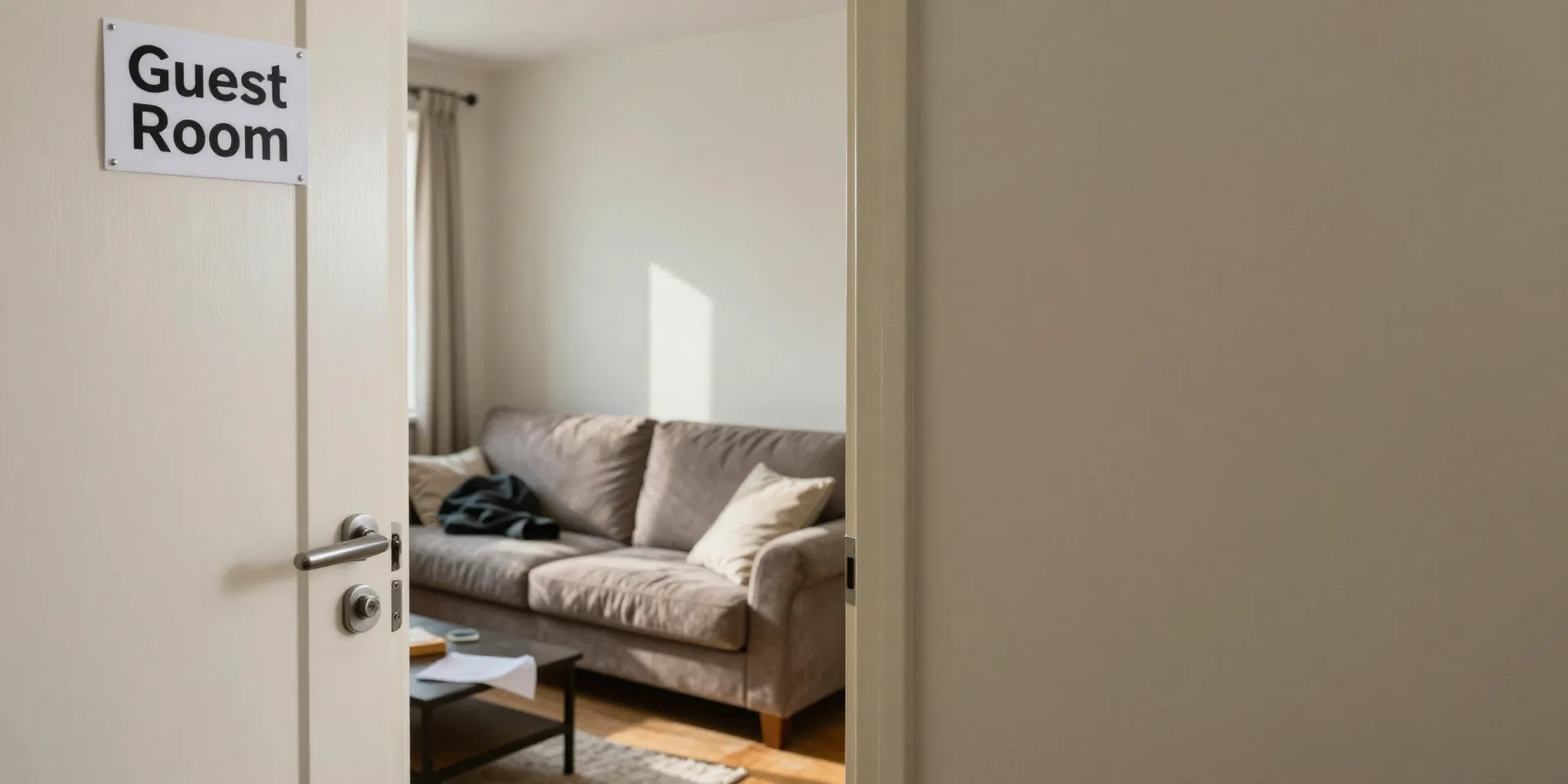 photorealistic image of a promising door labeled 'Guest Room', but when opened it reveals just a cramped living room with a messy fold-out couch, early morning light, feeling of disappointment
