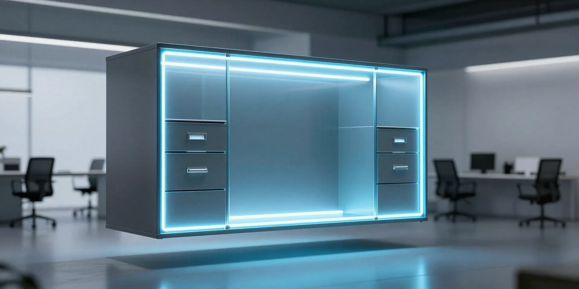 A sleek futuristic filing cabinet made of glowing neon glass, floating in a clean modern office, cyberpunk aesthetics meets