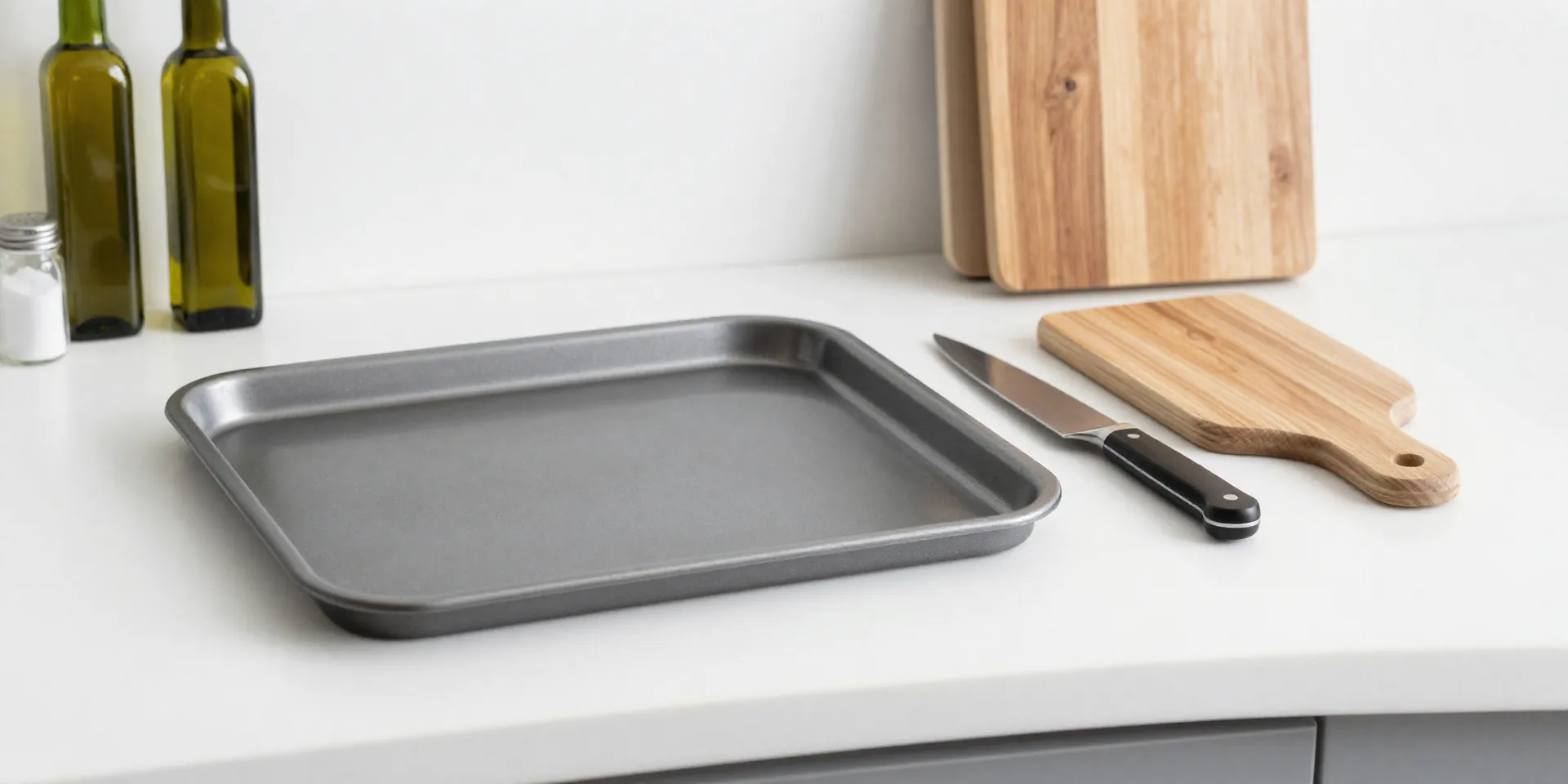 A minimalist kitchen counter with only a large, rimmed baking sheet, chef's knife, a cutting board, a bottle of olive oil