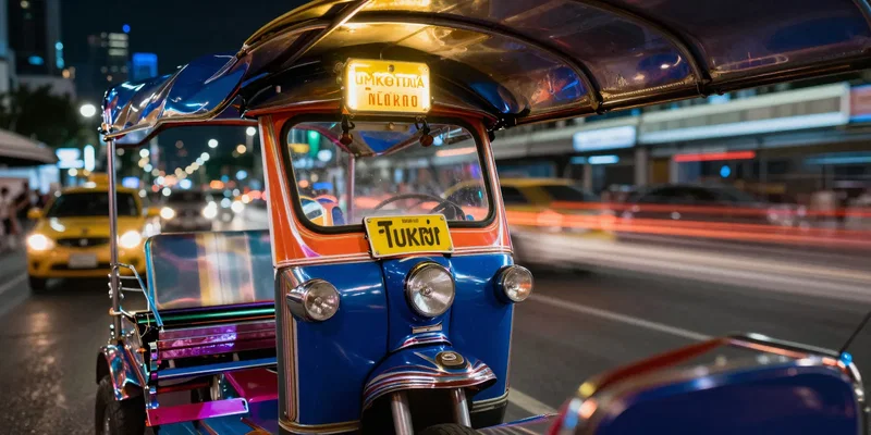 POV sitting inside a colorful neon-lit tuk tuk at night in Bangkok, blurred city lights passing by, gritty urban aesthetic, hyper-detailed, 8k --ar 16:9