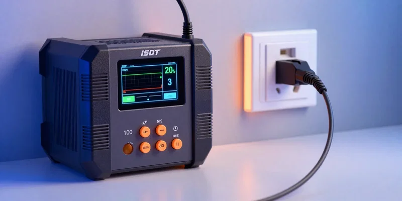 A high-tech looking ISDT 608AC battery charger with a bright digital screen showing charging graphs, plugged into a wall outlet, clean studio background with neon blue and orange rim lighting, macro photography, --ar 16:9