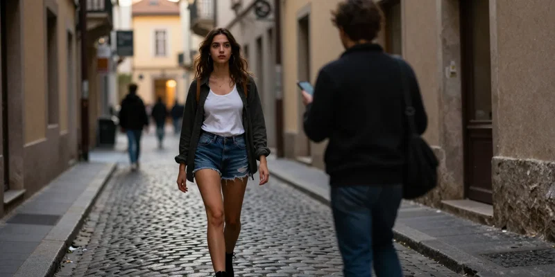 A young woman walking down a vibrant European cobblestone alley at dusk, feeling watched, a blurry silhouette of a person holding a phone behind her, suspenseful cinematic lighting, 85mm lens --ar 16:9