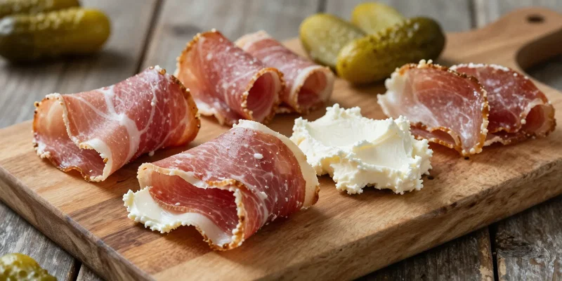 Midjourney prompt: A rustic wooden board with rolled-up slices of prosciutto and salami, cream cheese spread, and pickles, arranged in an appealing way, morning light, shallow depth of field, food photography style, 8K
