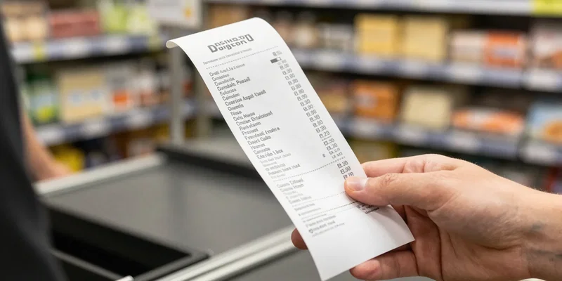 Person's hand holding a receipt at a grocery checkout. The receipt is long, with items like avocados, grass-fed beef
