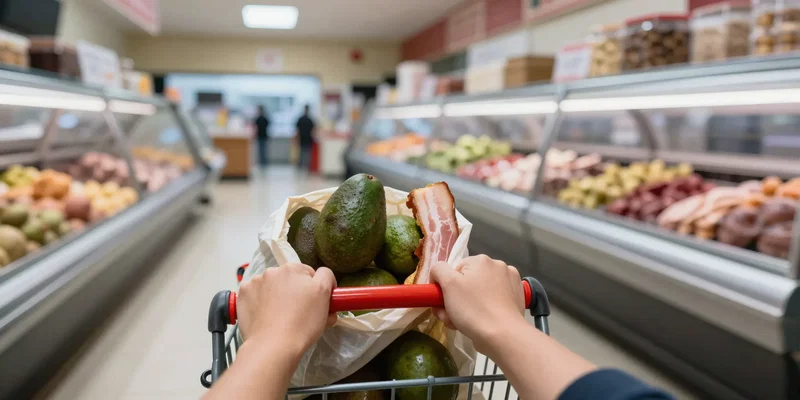 Midjourney/SD Prompt: Dynamic, first-person perspective shot of a hand pushing a cart at speed. The periphery of the frame is motion-blurred, focusing clearly on items being grabbed: a bag of avocados, a pack of bacon. The path leads straight to the butcher counter. Fast, efficient, action-oriented --ar 16:9