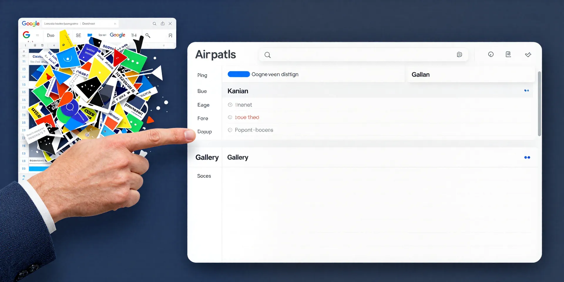 A split-screen image. Left side: a chaotic, colorful Google Sheets with confusing tabs. Right side: a clean, modular Airtable base with Kanban, Gallery, and Dashboard views. A hand points from left to right, style of a clear infographic