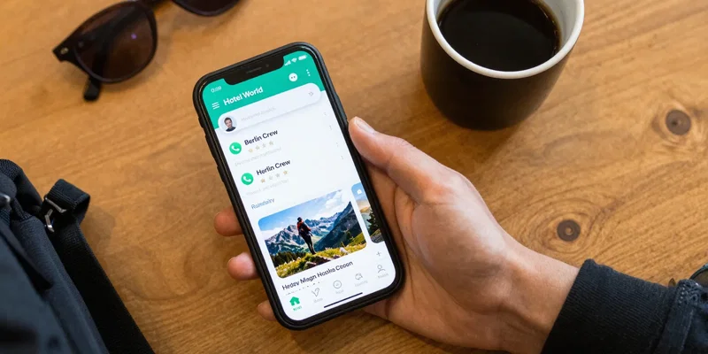 Shot from above: A backpacker's phone screen showing a hostel world app review, a WhatsApp group chat named 'Berlin Crew', and a meetup event for hiking. Scattered on a wooden hostel common room table with a coffee. Top-down flat lay, detailed, warm lighting. --ar 16:9 --style raw --v 6.0