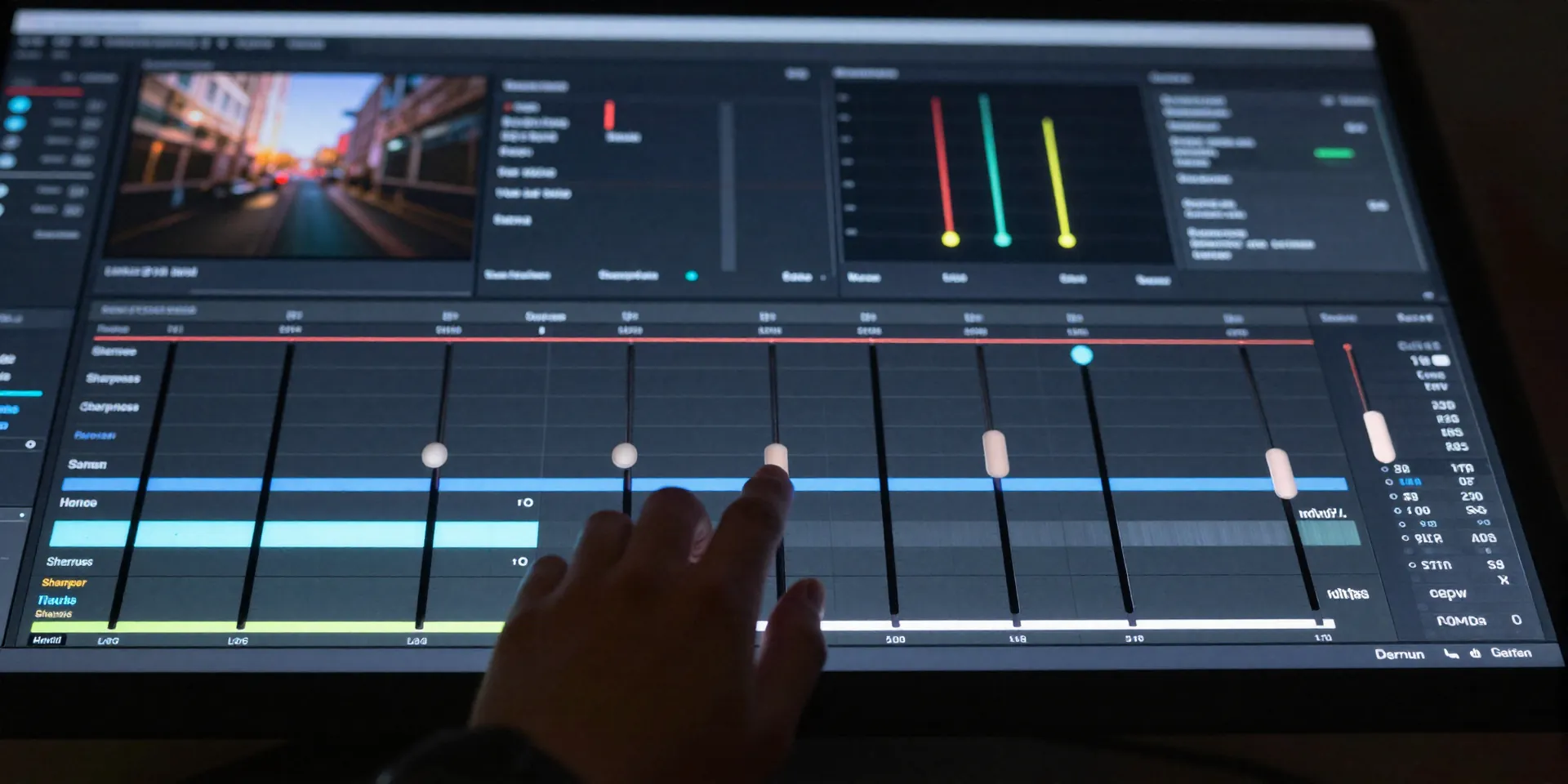 First-person view of video editing software interface, sliders for sharpness and contrast pushed to zero, glowing screen in a dark editing bay, cyberpunk aesthetic, highly detailed --ar 16:9