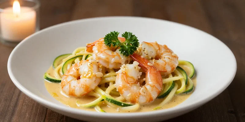 Photorealistic, shrimp scampi in a white bowl, plump garlic shrimp in a golden butter and white wine sauce, over a bed of zucchini noodles (zoodles), garnished with parsley. Candlelit dinner aesthetic, warm tones.