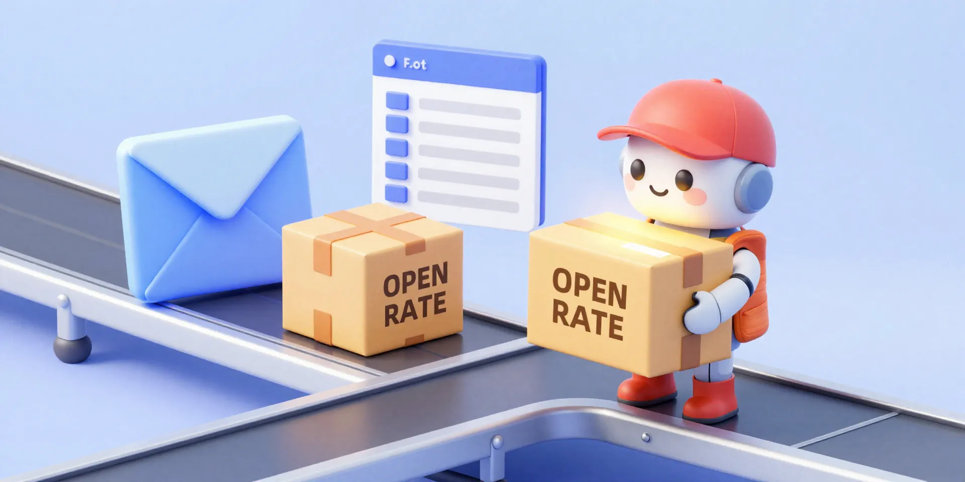 A cute robot courier carrying a glowing parcel labeled 'OPEN RATE' on a conveyor belt between a stylized email icon