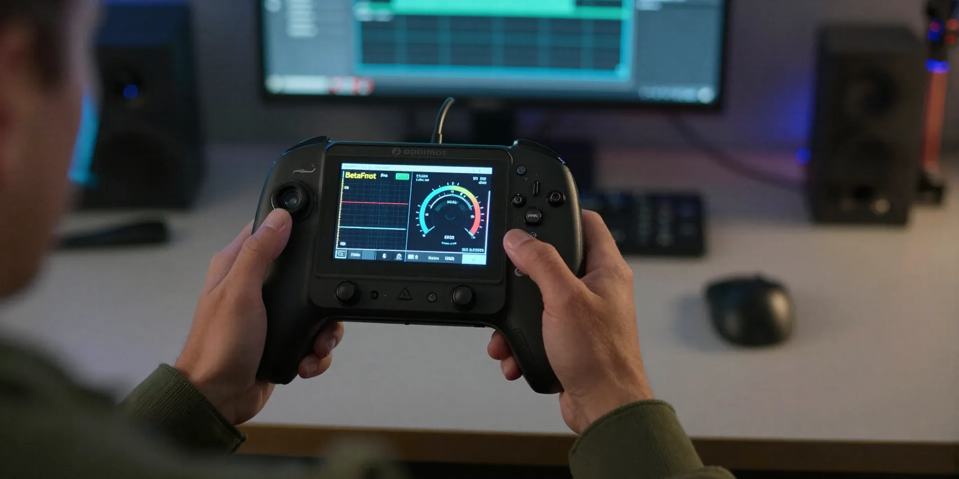 First-person view over the shoulder of a pilot holding an FPV radio controller, screen showing Betaflight rates graph, dimly lit workbench background, moody lighting, neon accents --ar 16:9 --q 2 --v 6.0