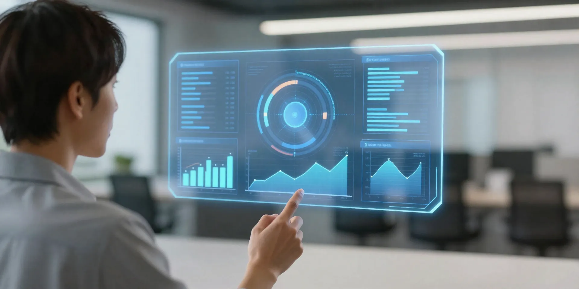 A person calmly talking to a floating holographic screen showing charts and metrics, modern office background, soft focused light, cinematic, photorealistic, professional discussion --ar 16:9