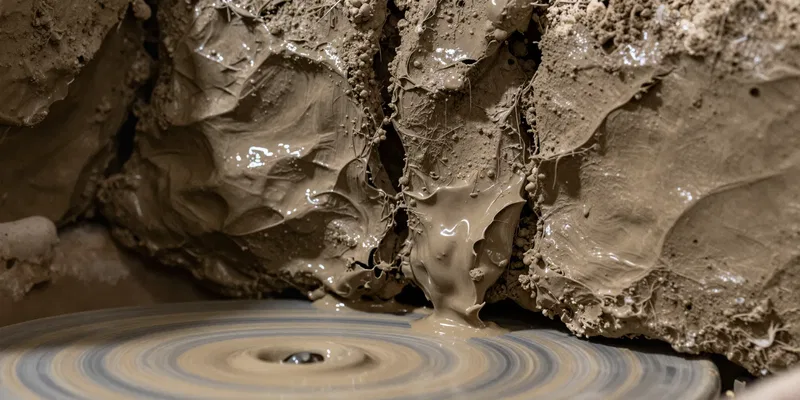Macro documentary photograph of wet clay walls wrinkling and collapsing inward on a pottery wheel, visible pool of slip at the base, gritty workshop textures, dramatic side lighting, photorealistic --ar 3:2