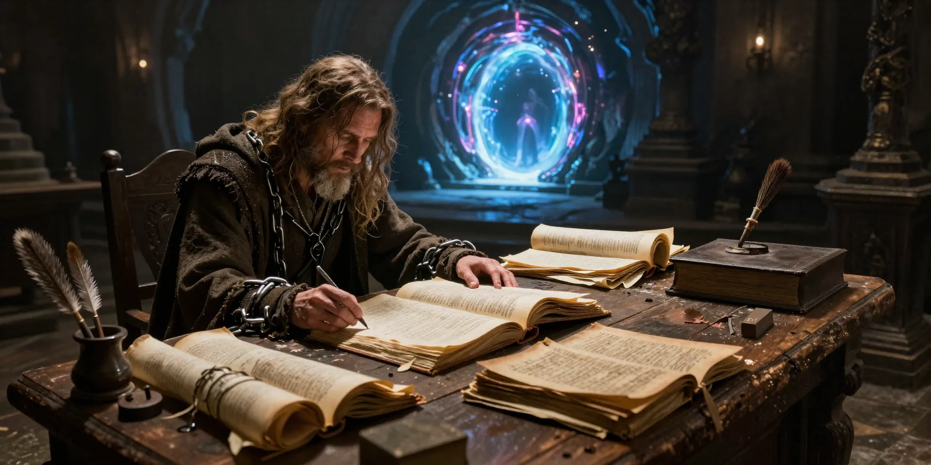 Epic fantasy cinematic scene of a weary, tired scribe chained to a massive, creaking wooden desk covered in open scrolls, quills, and thick ledgers. A magical portal with pulsing energy is ignored in the background. Style of epic fantasy movie still, dramatic lighting by Greg Rutkowski, 8k, concept art, high detail, dynamic shadows.