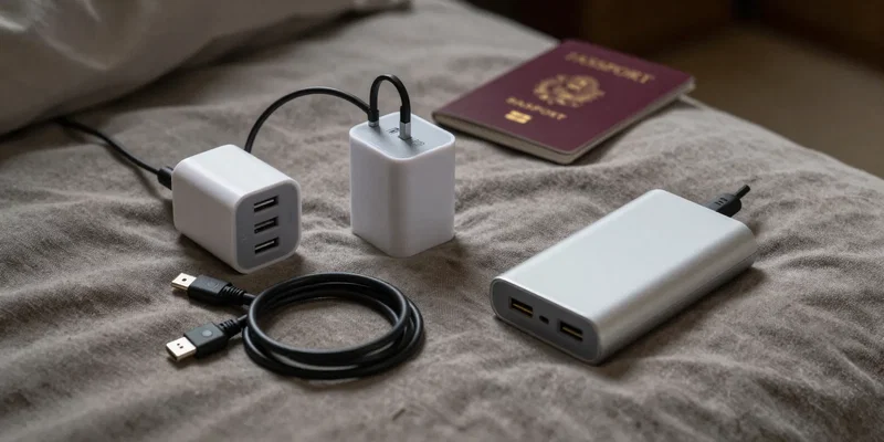 AI Image Prompt: Flat lay photography on a rustic hostel bedspread, a universal travel adapter with multiple USB-C ports, a compact 65W GaN charger, a coiled braided USB-C to USB-C cable, and a portable power bank. A passport is casually half-open in the background. Soft, moody lighting, realistic textures. --ar 16:9 --style raw