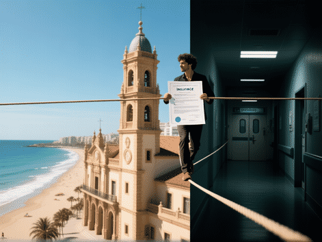 Midjourney prompt: A person walking a tightrope between two iconic Spanish buildings, holding a detailed insurance policy document like a balancing pole. One side is a sunny beach, the other a dark, ominous hospital corridor. Cinematic lighting, dramatic shadows, photorealistic. --ar 16:9