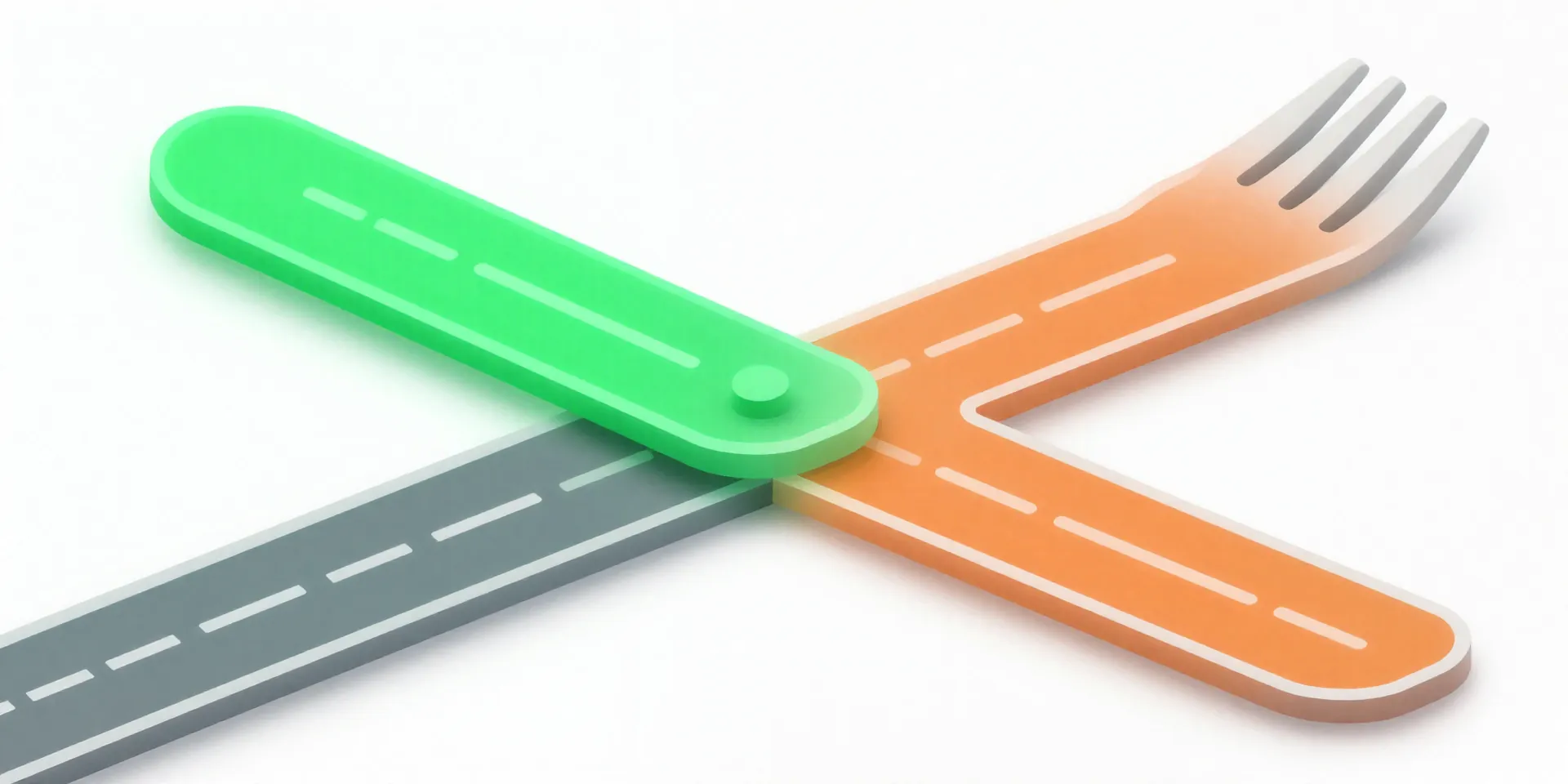 Minimalist concept illustration of a digital fork in a road. One path glows green, the other orange