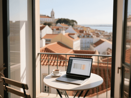 Midjourney prompt: A chic, minimalist apartment balcony in Lisbon, a laptop open on a small table next to a coffee, showcasing a spreadsheet. The view is of terracotta rooftops, photo-realistic, detailed textures, warm mid-morning light, shallow depth of field --ar 16:9 --v 6.0