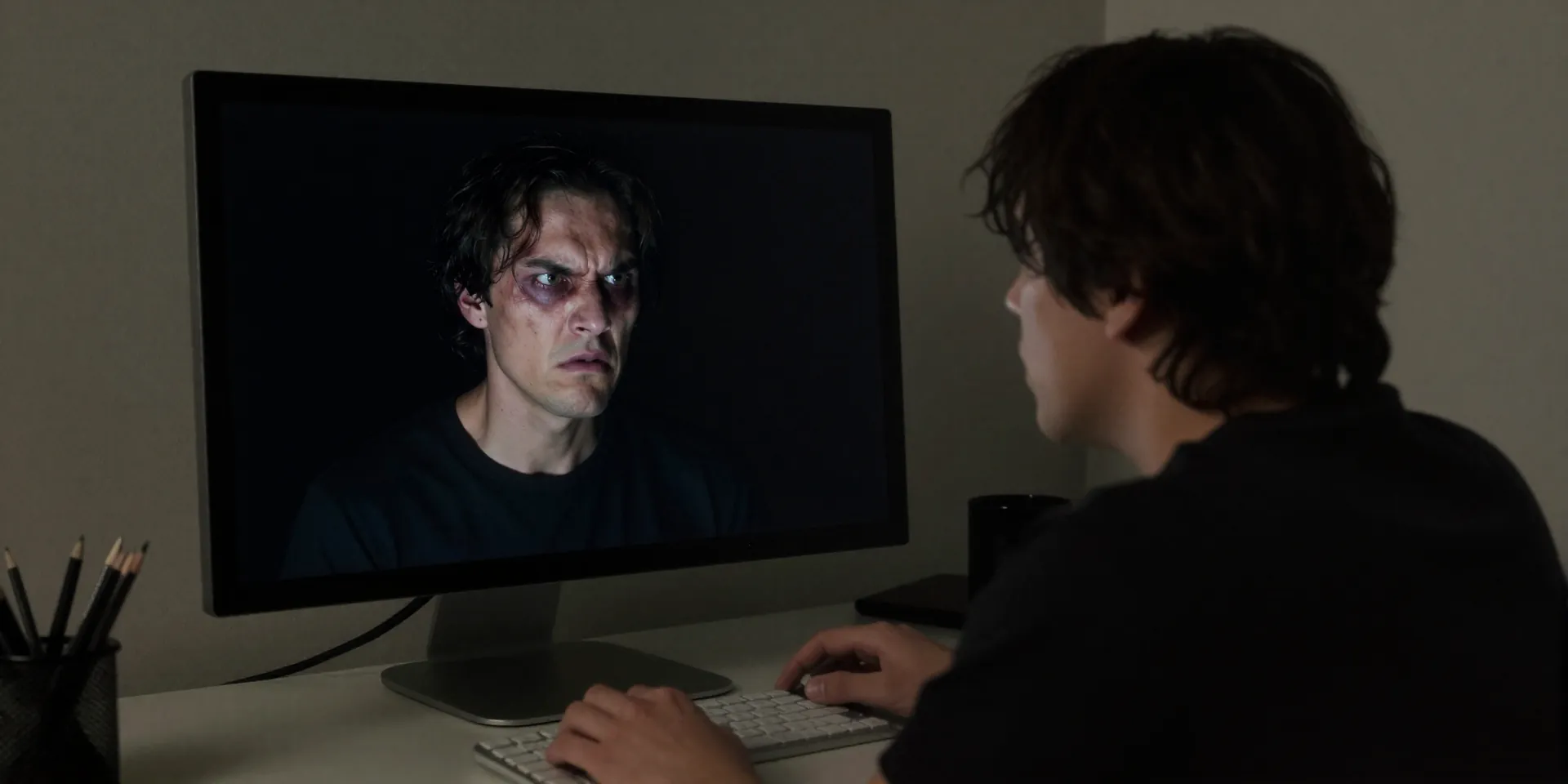A person sitting at a desk, their own distorted, monstrous reflection visible in the black void of their computer monitor. The reflection is scowling. The real person looks anxious. Moody, high-contrast lighting, surreal. --ar 16:9 --style raw --v 6.0
