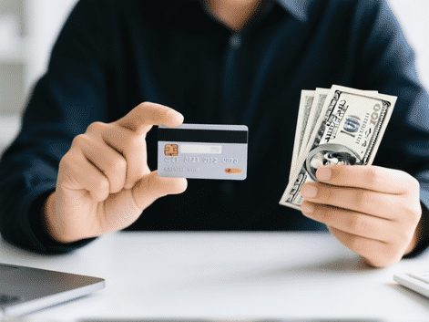 Close-up shot of a person's hands confidently holding a single credit card, paper bill in the other hand, symbolizing paying