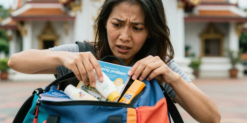 Midjourney prompt: A woman's hands frantically yet systematically searching through a colorful canvas backpack, contents spilled out: a journal, sunscreen, a Lonely Planet guide. Focus is on her expression – a mix of fear and intense concentration. Background is a blur of a Thai temple. Shot on film, grainy, urgent. --ar 16:9