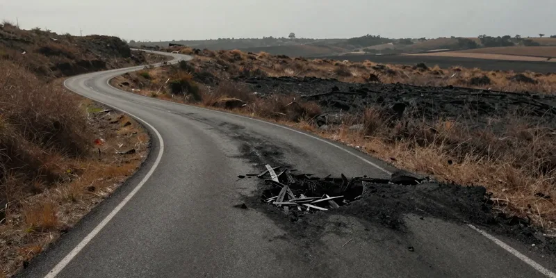 A visual metaphor: a long, winding road representing a career path, but a section in the middle is charred, broken, and blackened as if burned out. The road continues on the other side but is harder to reach. Cinematic, epic landscape, symbolic --ar 16:9
