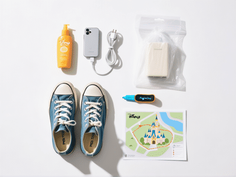 minimalist flat-lay photo from above. Essential items for a Disney park day: sunscreen bottle, portable phone charger with cable, plastic rain poncho still in package, a pair of broken-in sneakers, a MagicBand, and a simple printed map of Magic Kingdom with a highlighter line tracing a route. Clean, bright studio lighting on a white background.