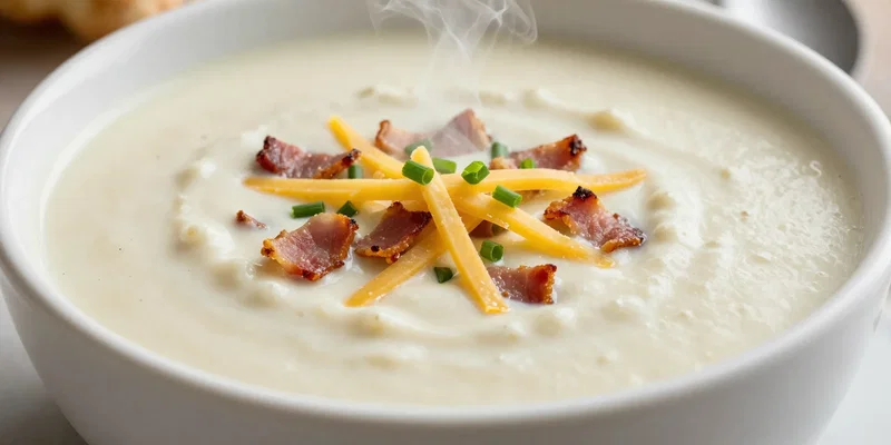 Creamy, thick cauliflower soup in a white ceramic bowl, textured with bits of crispy bacon, shredded cheddar, and chives. Steam rising, rich and inviting. Shot from a 45-degree angle, warm light, feels comforting and hearty. --style raw --ar 4:5