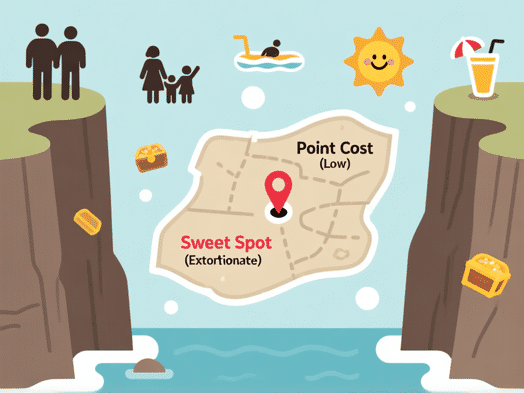 A detailed, infographic-style illustration of a treasure map. The 'X' marks a spot labeled 'Sweet Spot' in a zone between two cliffs: 'Cash Price (Extortionate)' and 'Point Cost (Low).' Scattered around are icons: a family silhouette, a swim-up bar, a smiling sun. Style: Modern, clean vector illustration with muted, sophisticated colors.