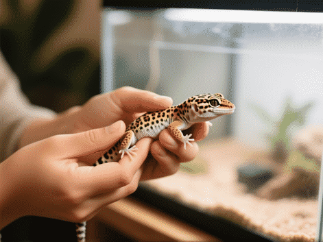 A concerned leopard gecko keeper's hands gently holding a gecko. The gecko looks thin. In the background, a clean terrarium